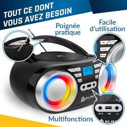 Klim boombox b3 - poste radio cd portable - nouveauté - radio fm, cd, bleutooth, usb, mp3 - cd boombox - mode filaire et sans fi
