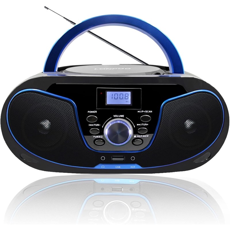 Boombox lecteur cd portable | bleutooth 5.3 | radio fm | entrée usb et aux, sortie casque | bouton de volume | stéréo haut-parle