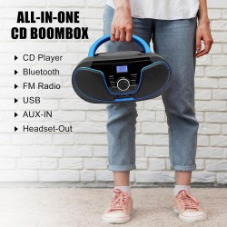 Boombox lecteur cd portable | bleutooth 5.3 | radio fm | entrée usb et aux, sortie casque | bouton de volume | stéréo haut-parle