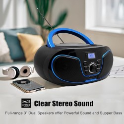 Boombox lecteur cd portable | bleutooth 5.3 | radio fm | entrée usb et aux, sortie casque | bouton de volume | stéréo haut-parle