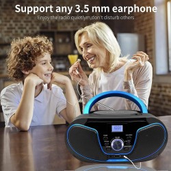 Boombox lecteur cd portable | bleutooth 5.3 | radio fm | entrée usb et aux, sortie casque | bouton de volume | stéréo haut-parle