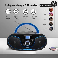 Boombox lecteur cd portable | bleutooth 5.3 | radio fm | entrée usb et aux, sortie casque | bouton de volume | stéréo haut-parle
