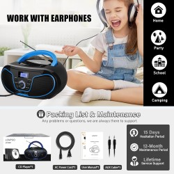 Boombox lecteur cd portable | bleutooth 5.3 | radio fm | entrée usb et aux, sortie casque | bouton de volume | stéréo haut-parle
