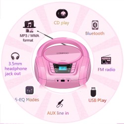 Lecteur cd portable boombox stéréo pour enfants, compatible bleutooth, radio fm, entrée aux, sortie casque, fonctionne dc/ac (ro