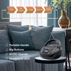 Lecteur cd avec bleutooth, lp-d03 radio fm portable stéréo avec son cristallin, lecture mp3, entrée usb et aux, prise casque, ec