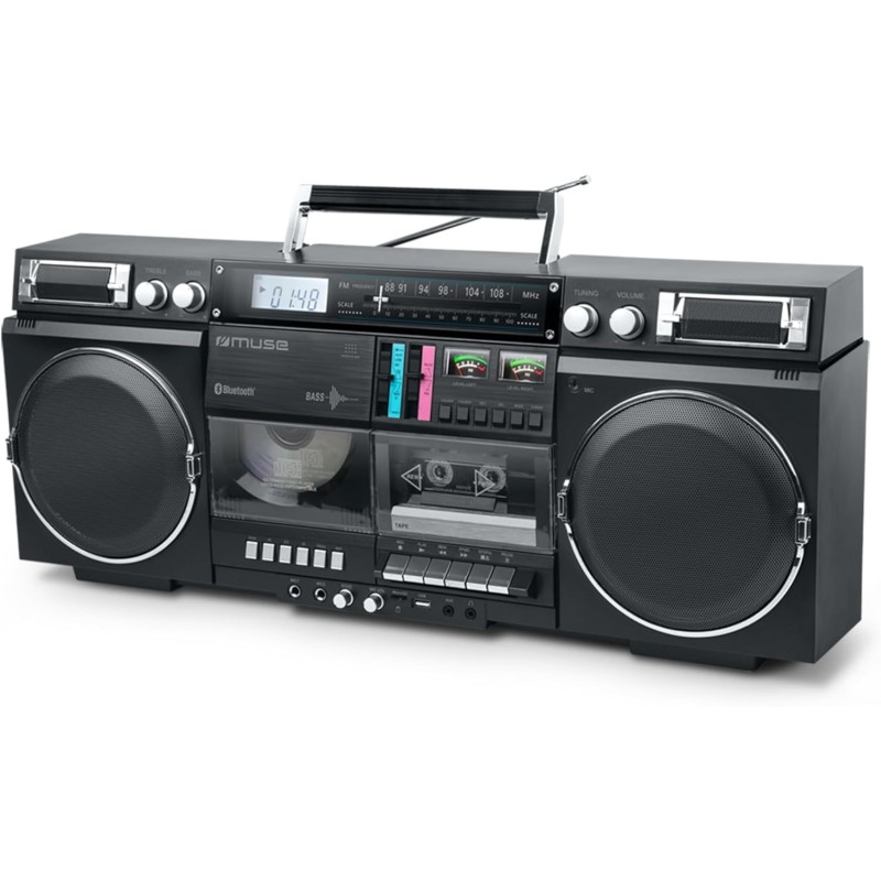 Muse boombox bleutooth rétro avec radio, cd, enregistreur cassette, puissance de sortie 80 w, usb, aux, fente pour carte micro s