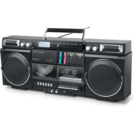 Muse boombox bleutooth rétro avec radio, cd, enregistreur cassette, puissance de sortie 80 w, usb, aux, fente pour carte micro s