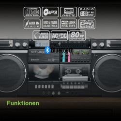 Muse boombox bleutooth rétro avec radio, cd, enregistreur cassette, puissance de sortie 80 w, usb, aux, fente pour carte micro s