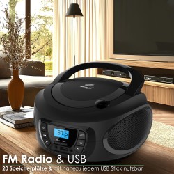 Boombox - Lecteur portable - CD/CD-R - USB - Radio FM - Entrée AUX-IN - Prise casque - Radio enfants - Chaîne stéréo - Système c