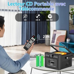 Grande lecteur cd portable pour la maison et boombox rechargeable avec radio, bleutooth, télécommande, batterie 5000 mah, usb, a