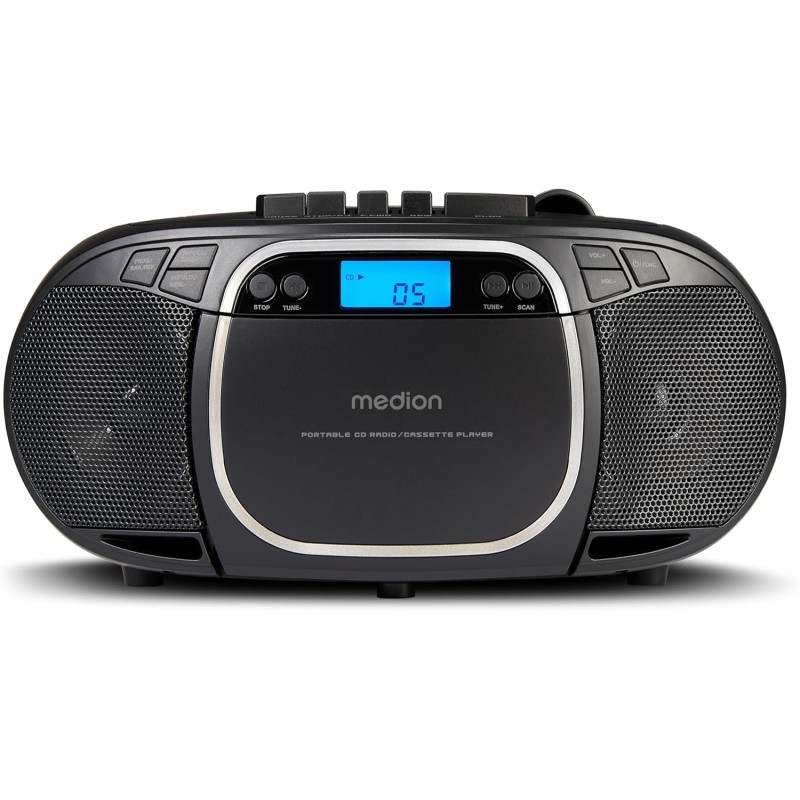 MEDION E66476 Stereo Sound System (Boombox, Lecteur CD, MP3, Cassette, Lecteur de Cassette Portable pour Enfants, Radio FM, AUX,