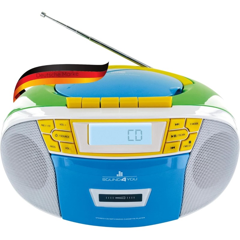 SCHWAIGER 661644 Lecteur CD avec Cassette et Radio MP3 Connexion USB FM Radio AUX Casque Boombox Fonctionnement sur Secteur et P