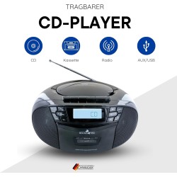 SCHWAIGER 658026 Lecteur CD avec Cassette et Radio MP3 Connexion USB FM Radio AUX Casque Boombox Fonctionnement sur Secteur et P