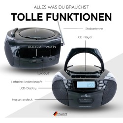 SCHWAIGER 658026 Lecteur CD avec Cassette et Radio MP3 Connexion USB FM Radio AUX Casque Boombox Fonctionnement sur Secteur et P
