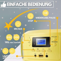 Boombox Portable | Radio FM | Entrée AUX | USB | Prise Casque | Système Compact | Lecteur CD | Chaîne Stéréo | Boombox Jaune Gla