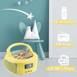 Boombox Portable | Radio FM | Entrée AUX | USB | Prise Casque | Système Compact | Lecteur CD | Chaîne Stéréo | Boombox Jaune Gla