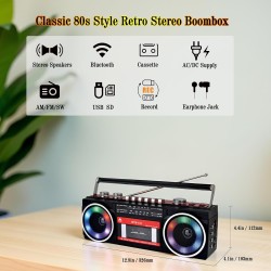 Lecteur enregistreur à cassettes rétro années 80 avec boombox bleutooth, radio am/fm/oc, enregistrement usb, prise casque, son s