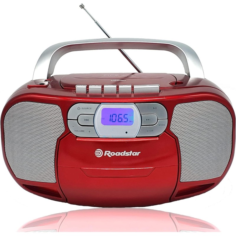 Roadstar RCR-4635UMP/RD Radio CD Cassette Portable, Radio Numerique PLL FM, Lecteur CD-MP3, USB, AUX-in, Sortie Casque, Rouge