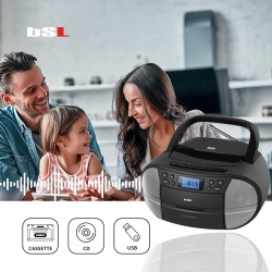 Bsl boombox radio cd portable avec boîtier et bleutooth jl2021a | 6 w rms | fm et usb | mp3 | écran lcd | aux in et usb casque
