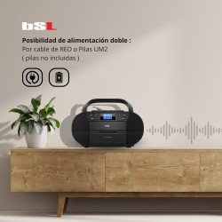 Bsl boombox radio cd portable avec boîtier et bleutooth jl2021a | 6 w rms | fm et usb | mp3 | écran lcd | aux in et usb casque