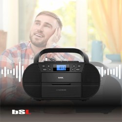 Bsl boombox radio cd portable avec boîtier et bleutooth jl2021a | 6 w rms | fm et usb | mp3 | écran lcd | aux in et usb casque