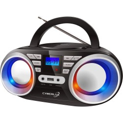 Cyberlux Lecteur CD portable, stéréo, USB, Boombox, CD/CD-R, radio FM, entrée AUX, prise casque, 20 emplacements mémoire, lumièr