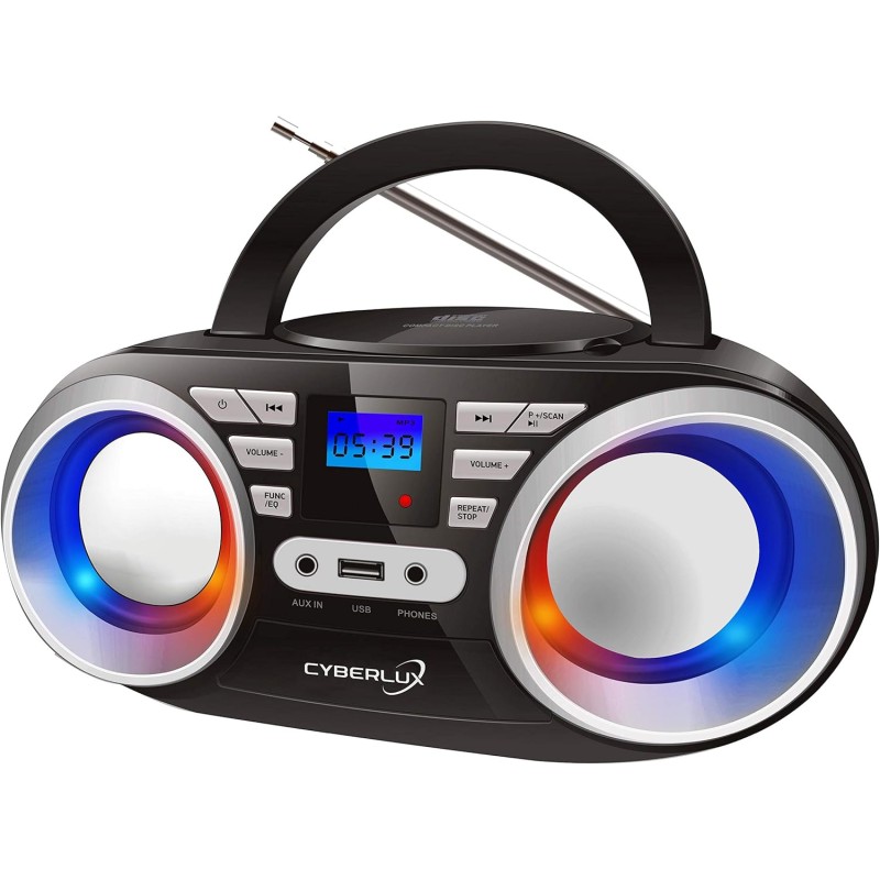 Cyberlux Lecteur CD portable, stéréo, USB, Boombox, CD/CD-R, radio FM, entrée AUX, prise casque, 20 emplacements mémoire, lumièr