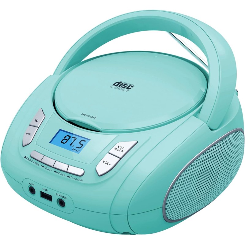 Lecteur cd portable boombox pour enfants (avec bleutooth, radio fm, mp3, usb, aux, prise casque), son stéréo pour toute la famil