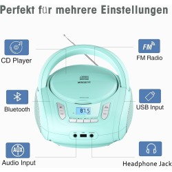Lecteur cd portable boombox pour enfants (avec bleutooth, radio fm, mp3, usb, aux, prise casque), son stéréo pour toute la famil
