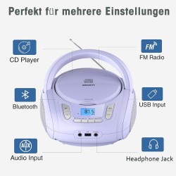 Lecteur cd portable boombox pour enfants (avec bleutooth, radio fm, mp3, usb, aux, prise casque), son stéréo pour toute la famil