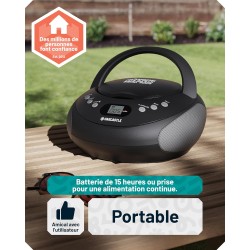 Boombox cd bleutooth portable avec radio fm | cd, cd-r, cd-rw | 30 présélections | commandes faciles, écran led, prise casque | 