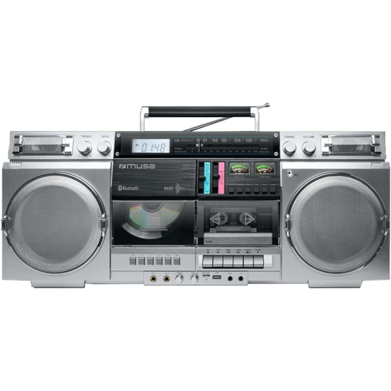 Muse m-380gbs boombox cassettes rétro avec lecteur cd, aux et bleutooth, compatible smartphone, enregistreur cassette, design vi