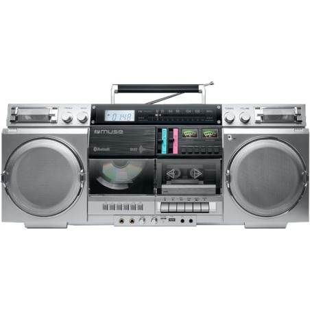 Muse m-380gbs boombox cassettes rétro avec lecteur cd, aux et bleutooth, compatible smartphone, enregistreur cassette, design vi
