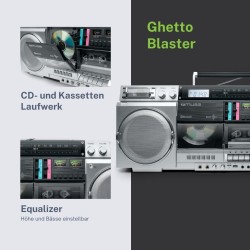 Muse m-380gbs boombox cassettes rétro avec lecteur cd, aux et bleutooth, compatible smartphone, enregistreur cassette, design vi