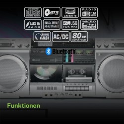 Muse m-380gbs boombox cassettes rétro avec lecteur cd, aux et bleutooth, compatible smartphone, enregistreur cassette, design vi