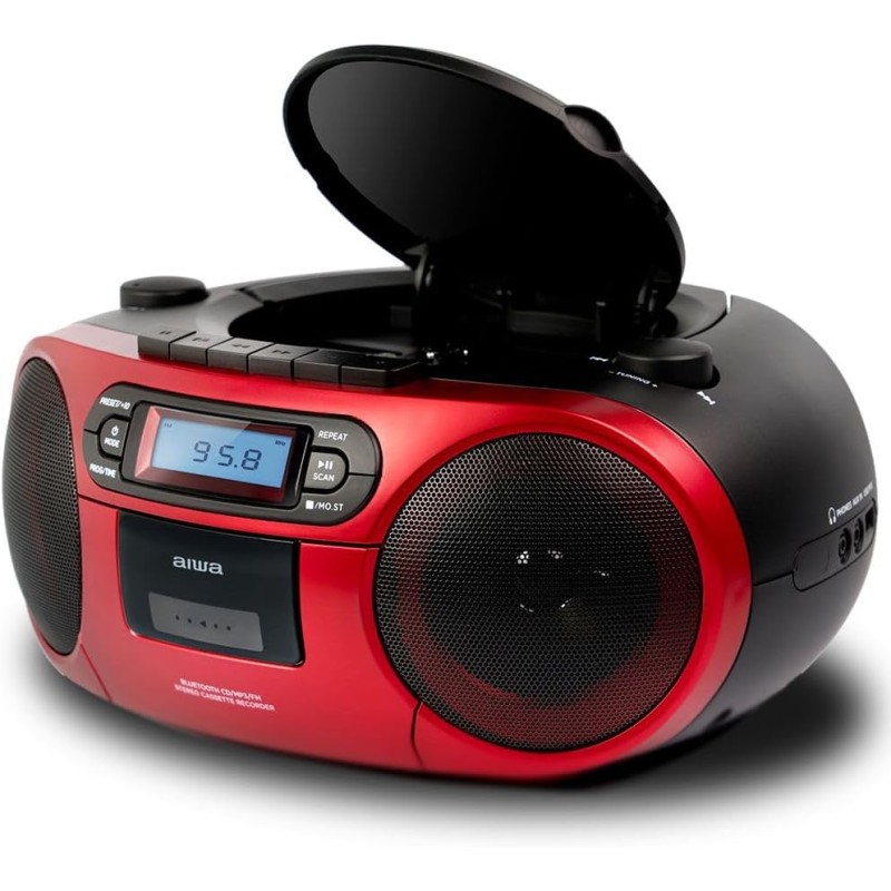 Aiwa bbtc-550rd radio cassette portable avec cd, bleutooth et usb, enregistreur de cassettes coloris : rouge.