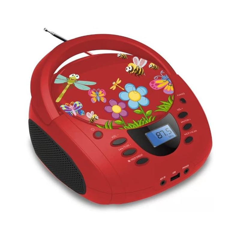 Lecteur - Radio CD - USB WeKids: FM, Lecteur CD/CD-R/CD-RW/MP3, RMS2*2W, entrée Aux et Micro, modèle Rouge Insecte