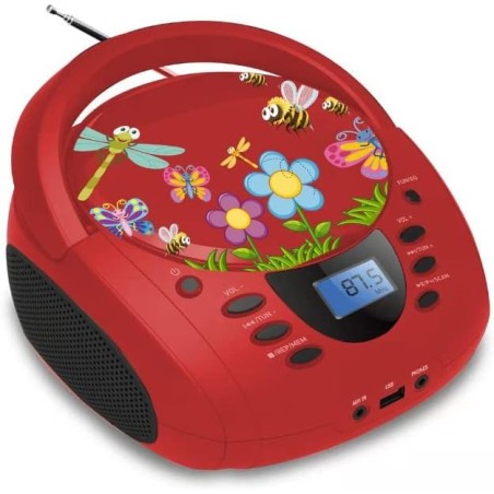 Lecteur - Radio CD - USB WeKids: FM, Lecteur CD/CD-R/CD-RW/MP3, RMS2*2W, entrée Aux et Micro, modèle Rouge Insecte