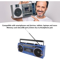 Boombox à cassette, boombox rétro bleuooth avec entrée usb, sd et aux 3,5 mm, lecteur et enregistreur de cassettes am fm sw (ble