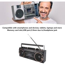Boombox à cassette, boombox rétro blueooth avec entrée usb, sd et aux 3,5 mm, lecteur et enregistreur de cassettes am fm sw (noi