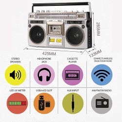 Boombox bleutooth rétro street des années 80, lecteur de cassettes boombox bleutooth rétro avec radio am / fm et amplification d