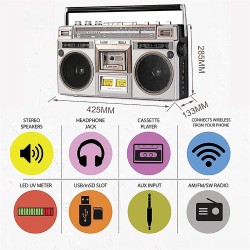 Boombox bleutooth rétro des années 80, lecteur de cassette boombox bleutooth rétro avec radio am/fm et amplification des basses,