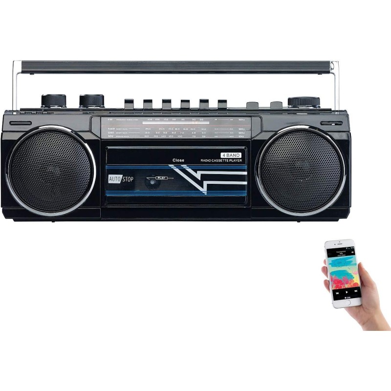 Auvisio enregistreur cassette : boombox rétro avec lecteur cassette, radio, usb, sd & bleutooth, 8 w (enregistreur cassette rétr