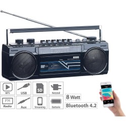 Auvisio enregistreur cassette : boombox rétro avec lecteur cassette, radio, usb, sd & bleutooth, 8 w (enregistreur cassette rétr