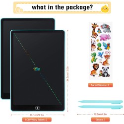 Tablette D'écriture LCD 15 Pouces-2 Pack,LCD Tablette Dessin avec Ecran Coloré,Bloc D'écriture Effaçable avec des Autocollants D