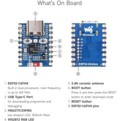 Waveshare esp32-c6 mini development board(with pre-solderouge header), based on esp32-c6fh4, dual processors, 160mhz running fre