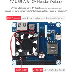 Power Over Ethernet PoE Hat pour Raspberry Pi 4B/3B+, 802.3af/at PoE Network, 5V USB-A&12V Header Outputs, PoE Carte D'extension