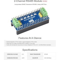 2 Canaux RS485 Module pour Raspberry Pi Pico, Convertisseur UART vers RS485 Intégrant RS485 SP3485 l'émetteur-récepteur, Utilisa