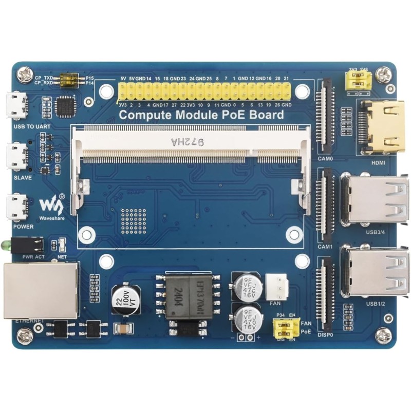 Waveshare Compute Module IO Board with PoE Feature Composite Breakout Board for Developing with Raspberry Pi CM3 / CM3L / CM3+ /