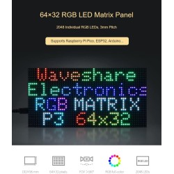 Waveshare RGB Full-Color LED Matrix Panel 64×32 Pixels Display Screen 3mm Pitch Digital LED Module Adjustable Brightness Support